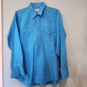 Vintage Sheplers Shirt Mens Pearl Snap Western USA Cowboy Blue 17.5 35 XL Lng Sl